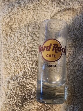Hard Rock Cafe Tampa Clear Shot Glass with Yellow and Maroon Logo